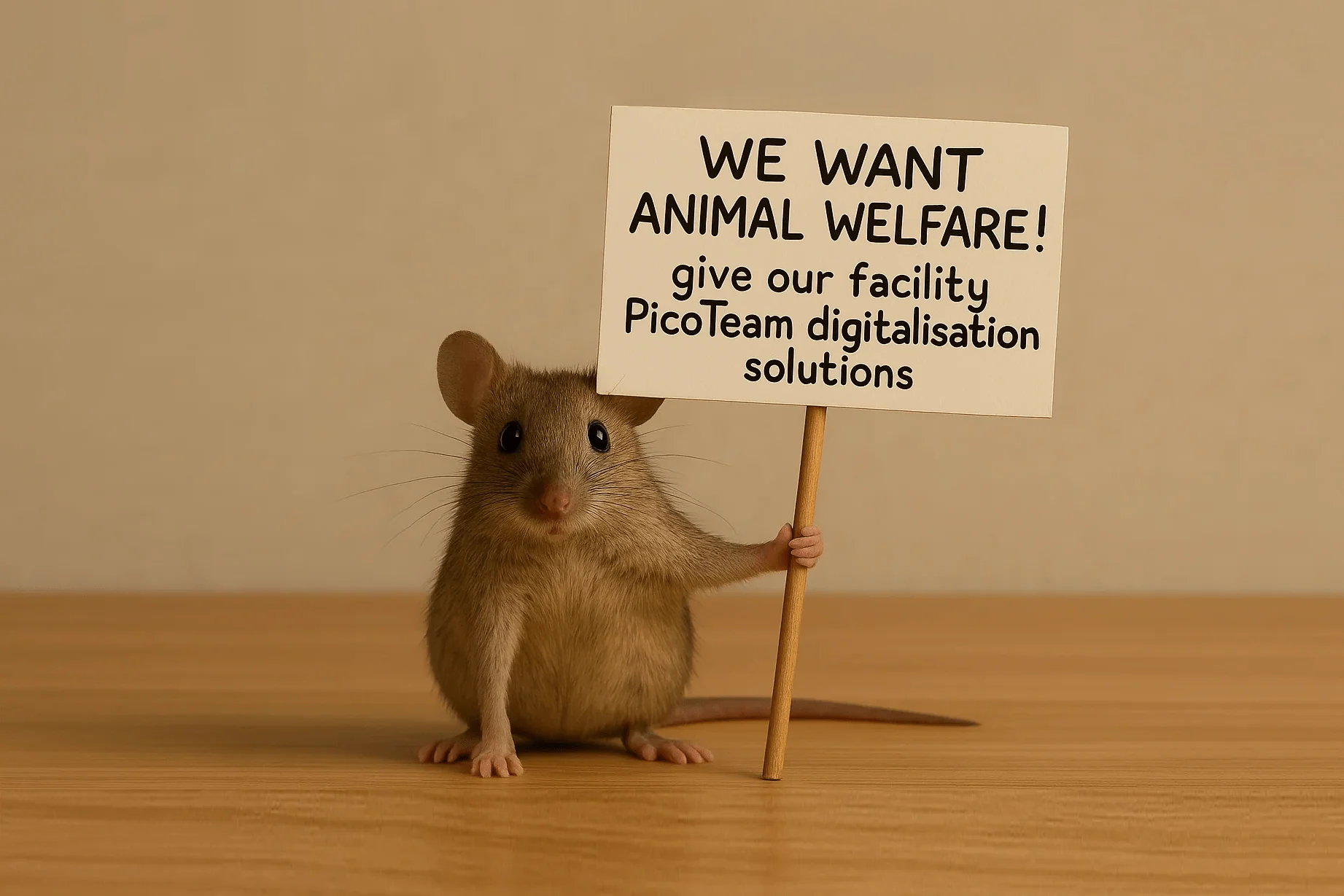 Mouse holding sign calling for animal welfare and PicoTeam digitalisation solutions.
