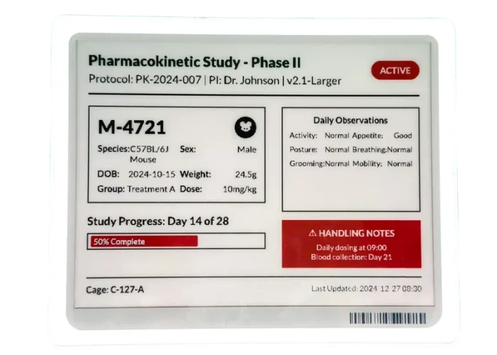 Digital cage card showing Pharmacokinetic Study – Phase 2 status for research animals.
