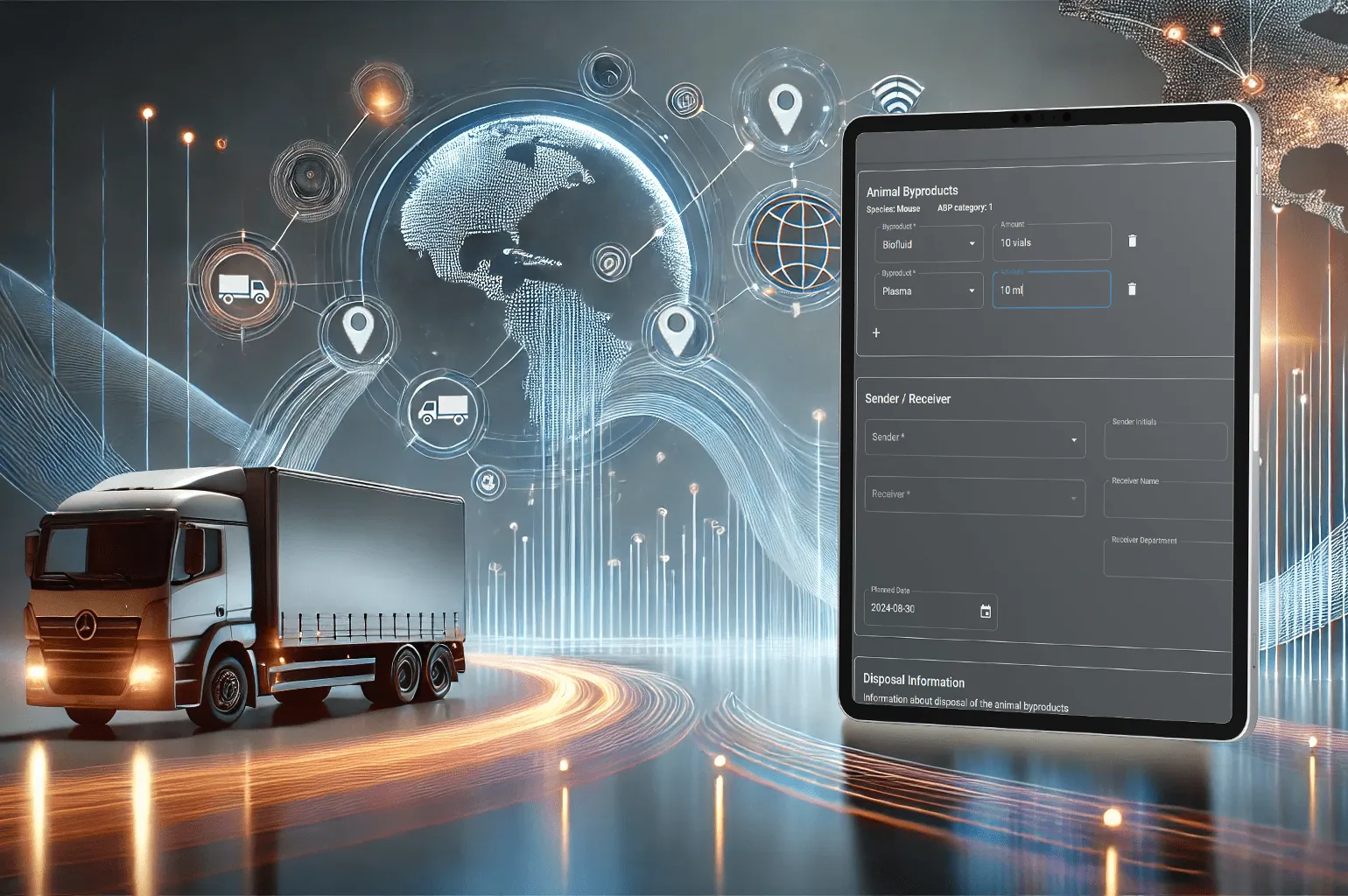 Tablet with PicoTeam’s Digital Traceability Solution interface next to a logistics truck and global tracking icons.