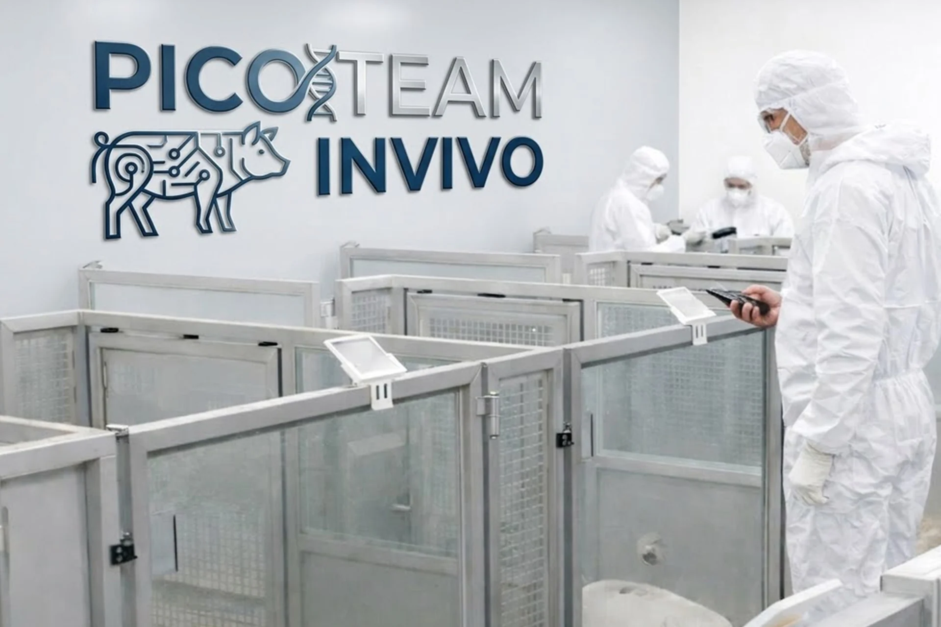 PicoTeam InVivo digital solution in animal research facility with technicians using digital cage cards and mobile devices