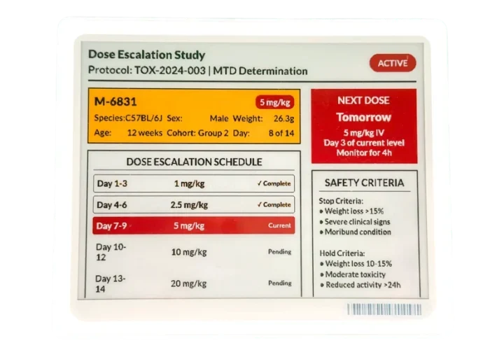 Digital cage card showing Dose Escalation Study status for research animals.