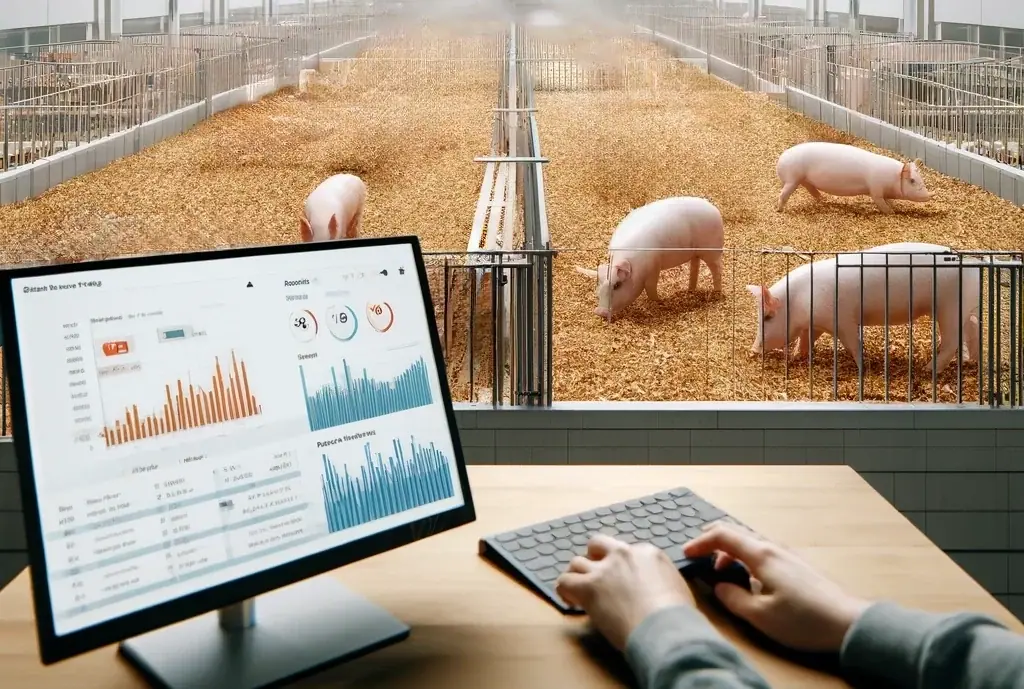 Person monitoring live pig behavior data on a computer screen in a barn setting, showcasing PicoTeam’s AI solution for real-time animal movement analysis.