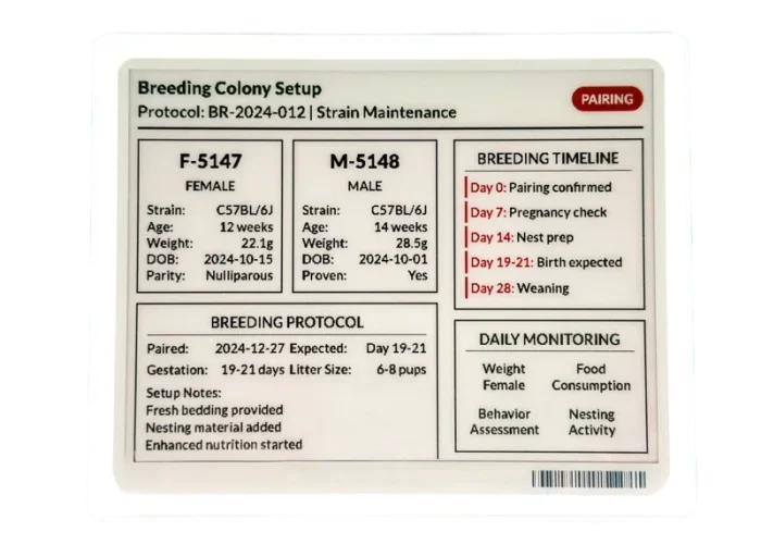 Digital cage card showing Breeding Colony Setup status for research animal colonies.