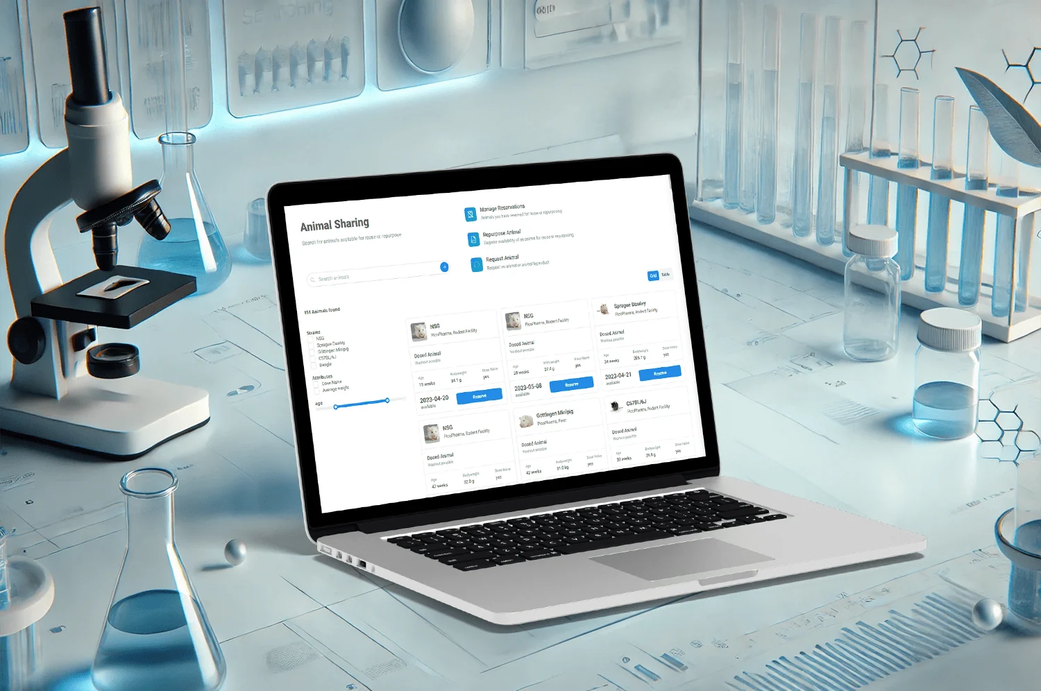 Digital platform interface showing connected research facilities sharing animals and biological materials.