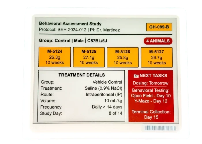 Digital cage card showing Behavioral Assessment Study status for research animals.