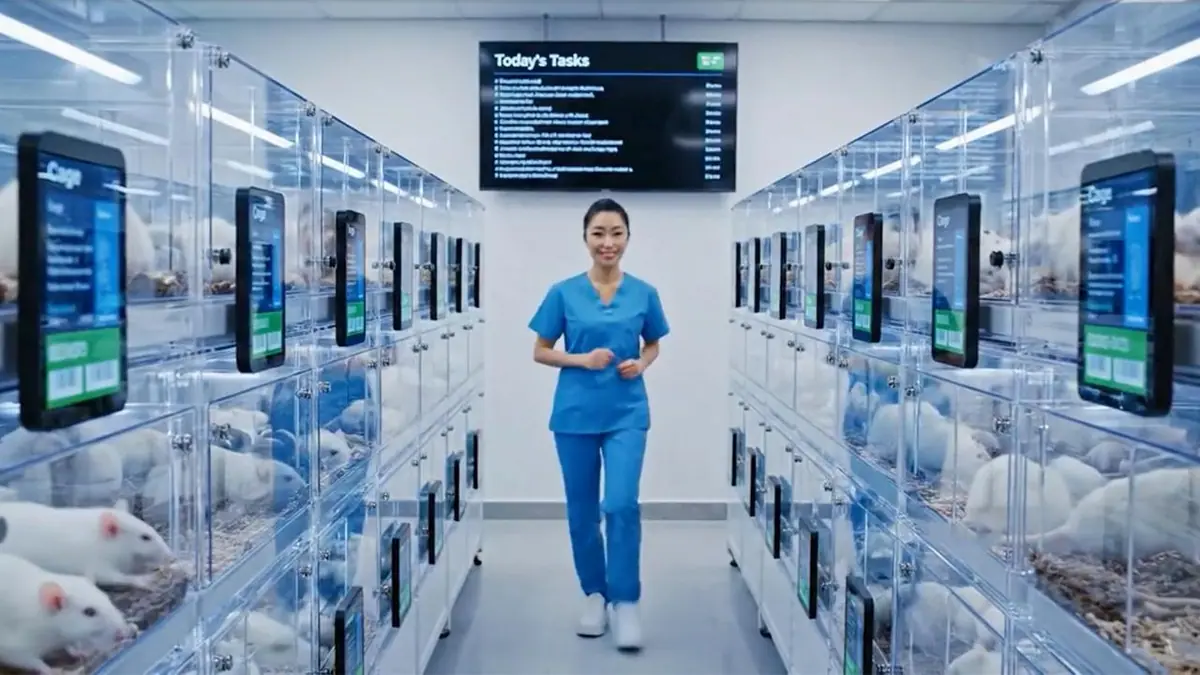 Modern paper-free animal facility with digital cage cards, smart displays, and connected systems powered by PicoTeam.