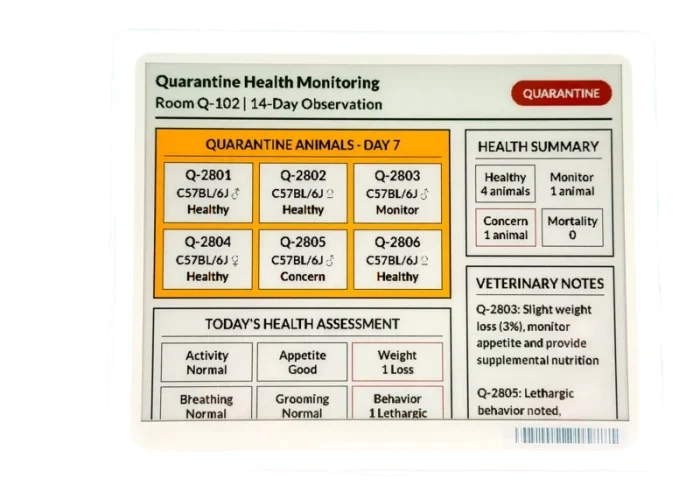 Digital cage card showing quarantine and health monitoring status for research animals.