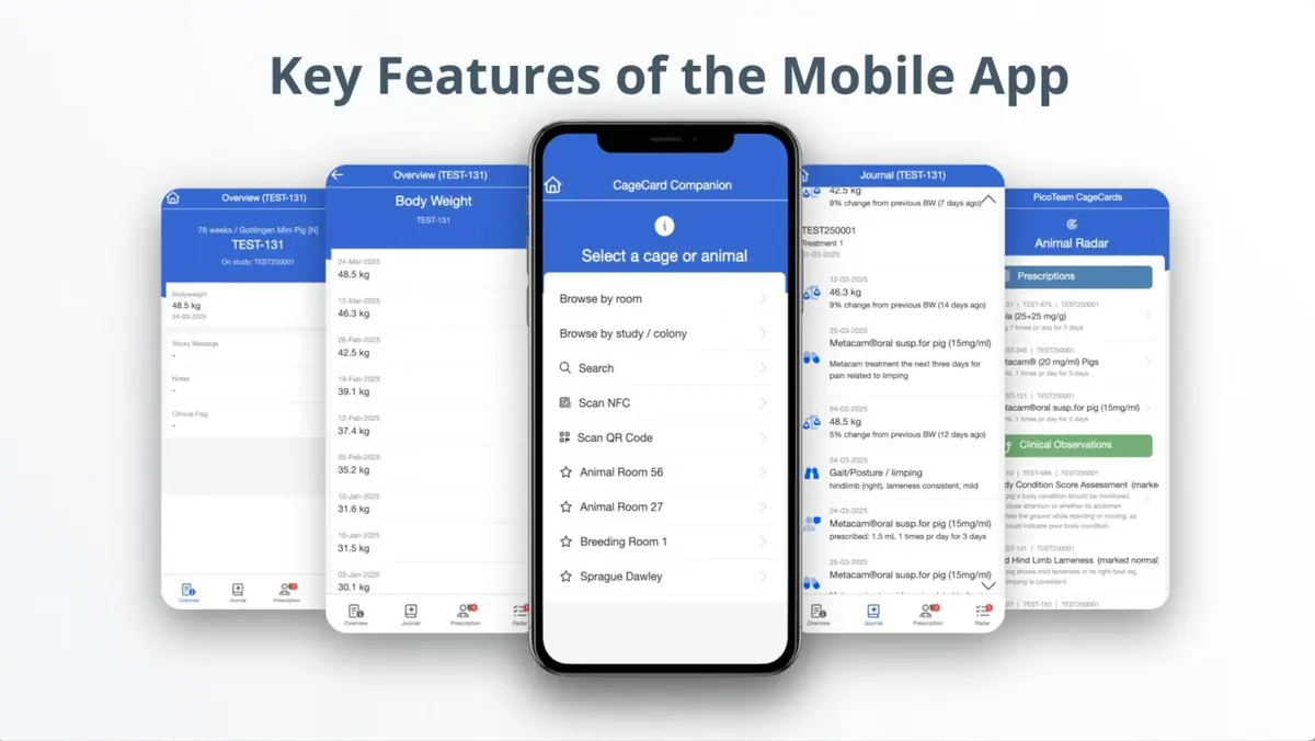 Video thumbnail showing multiple screens from PicoTeam’s mobile app for animal tracking, health monitoring, and data management.
