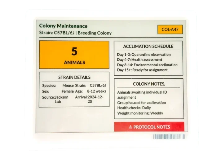 Digital cage card showing Colony Maintenance status for research animal colonies.