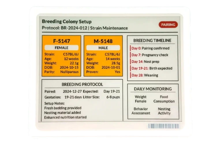 Digital cage card showing Breeding Colony Setup status for research animals.