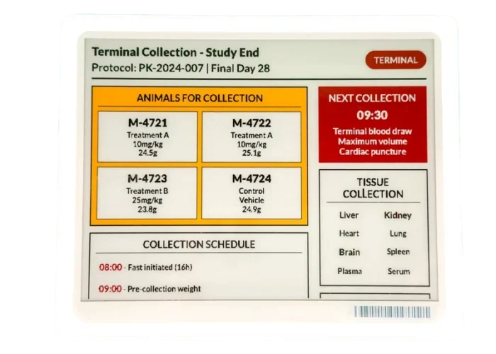 Digital cage card showing terminal collection and study end status for research animals.