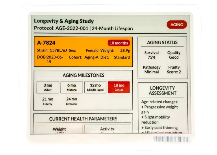 Digital cage card showing Longevity Aging Study status for research animals.