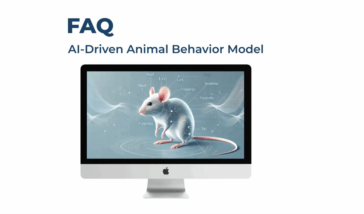 Video FAQ thumbnail showing a digital mouse diagram on a computer screen with labeled body parts for AI behavior analysis.