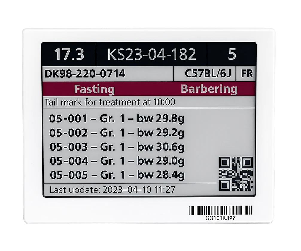 Close-up of PicoTeam digital cage card displaying detailed animal information with fasting and barbering alerts, built-in RFID, and QR code