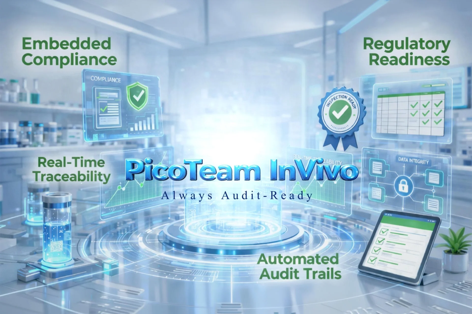 PicoTeam InVivo digital platform for severity compliance in animal research, featuring real-time traceability, embedded compliance, regulatory readiness, and automated audit trails.