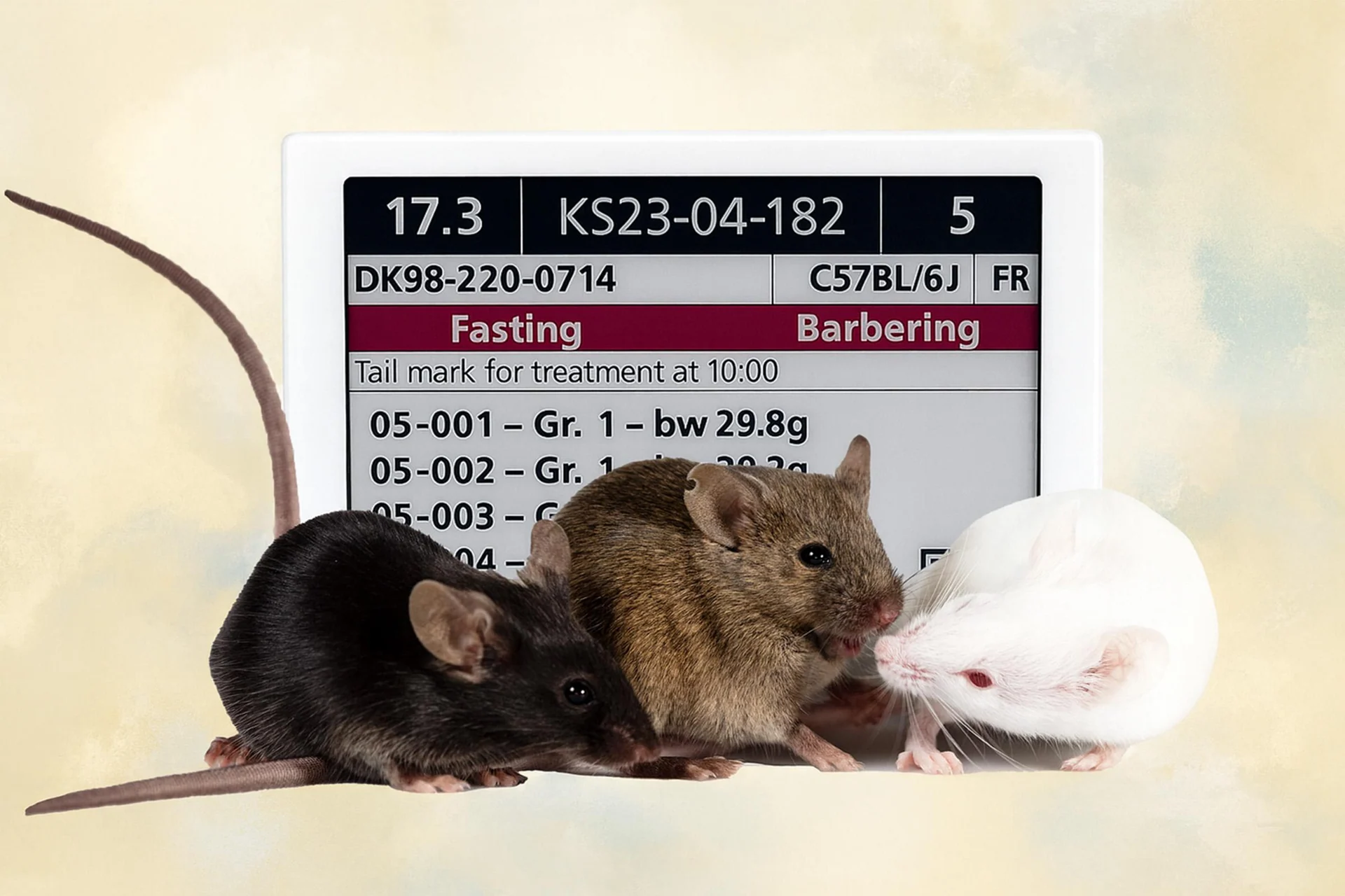 Three laboratory mice in front of a PicoTeam Digital Cage Card, representing the integration of cage card technology with animal