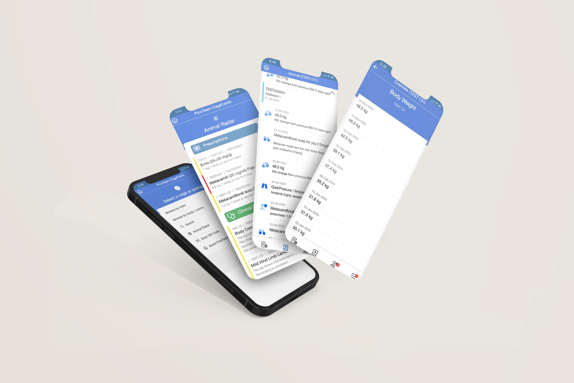 PicoTeam mobile app screens showing features that enhance digital cage cards, including health monitoring and animal data management.
