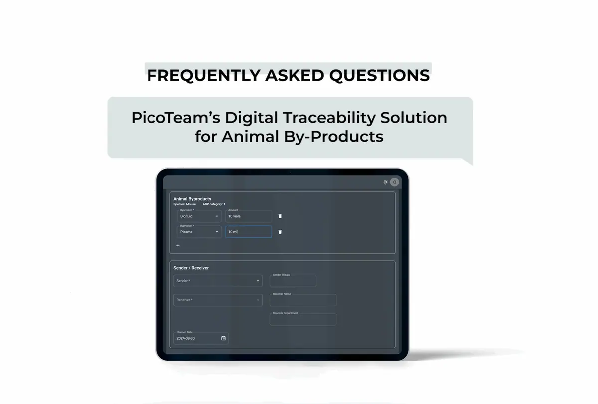 Video FAQ thumbnail showing PicoTeam’s Digital Traceability Solution for Animal By-Products interface on a tablet.