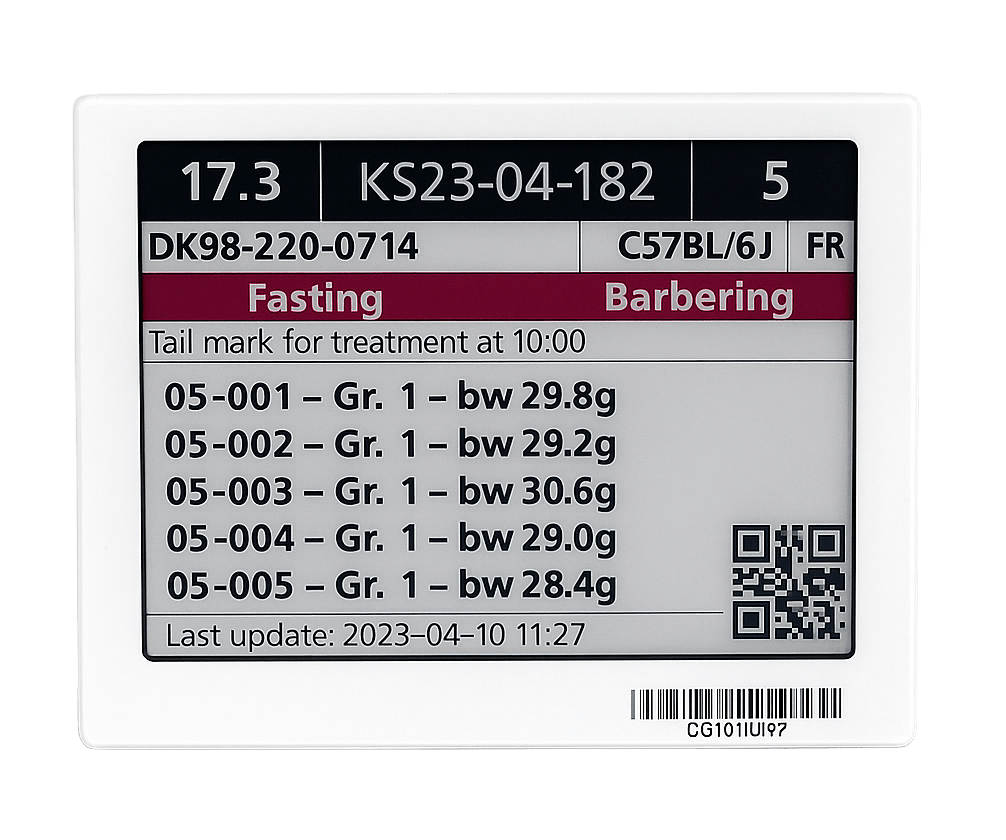 Close-up of PicoTeam digital cage card displaying detailed animal information with fasting and barbering alerts, built-in RFID, and QR code