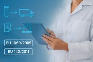 Scientist in a lab coat using a digital tablet, symbolizing PicoTeam’s digital traceability solution for animal by-products and derived products.