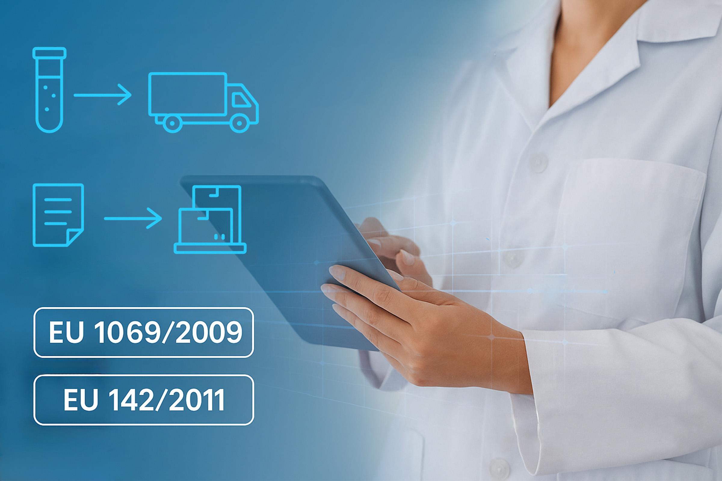 Scientist in a lab coat using a digital tablet, symbolizing PicoTeam’s digital traceability solution for animal by-products and derived products.