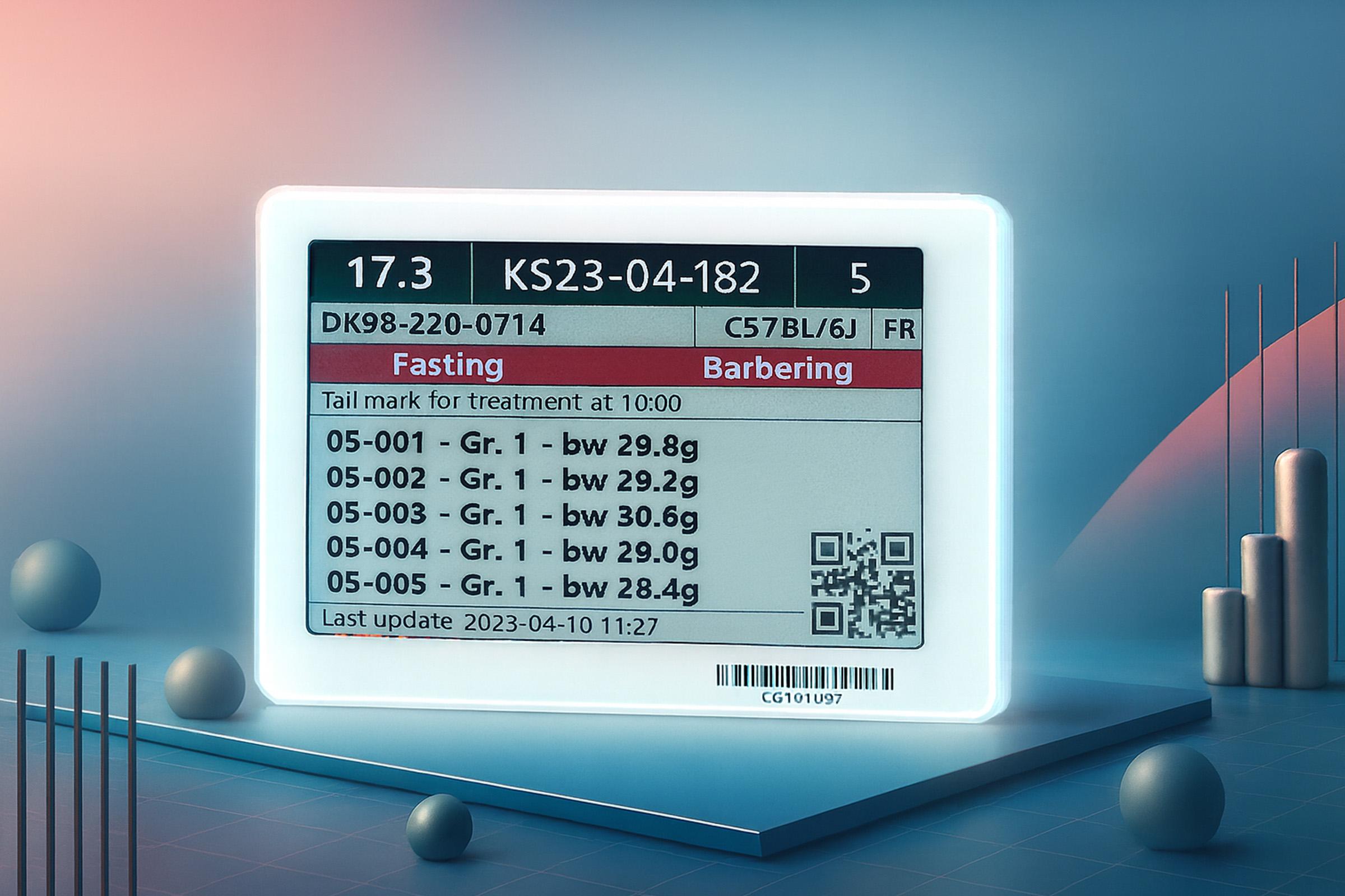 PicoTeam digital cage card with E-Ink display showing animal data and treatment details.