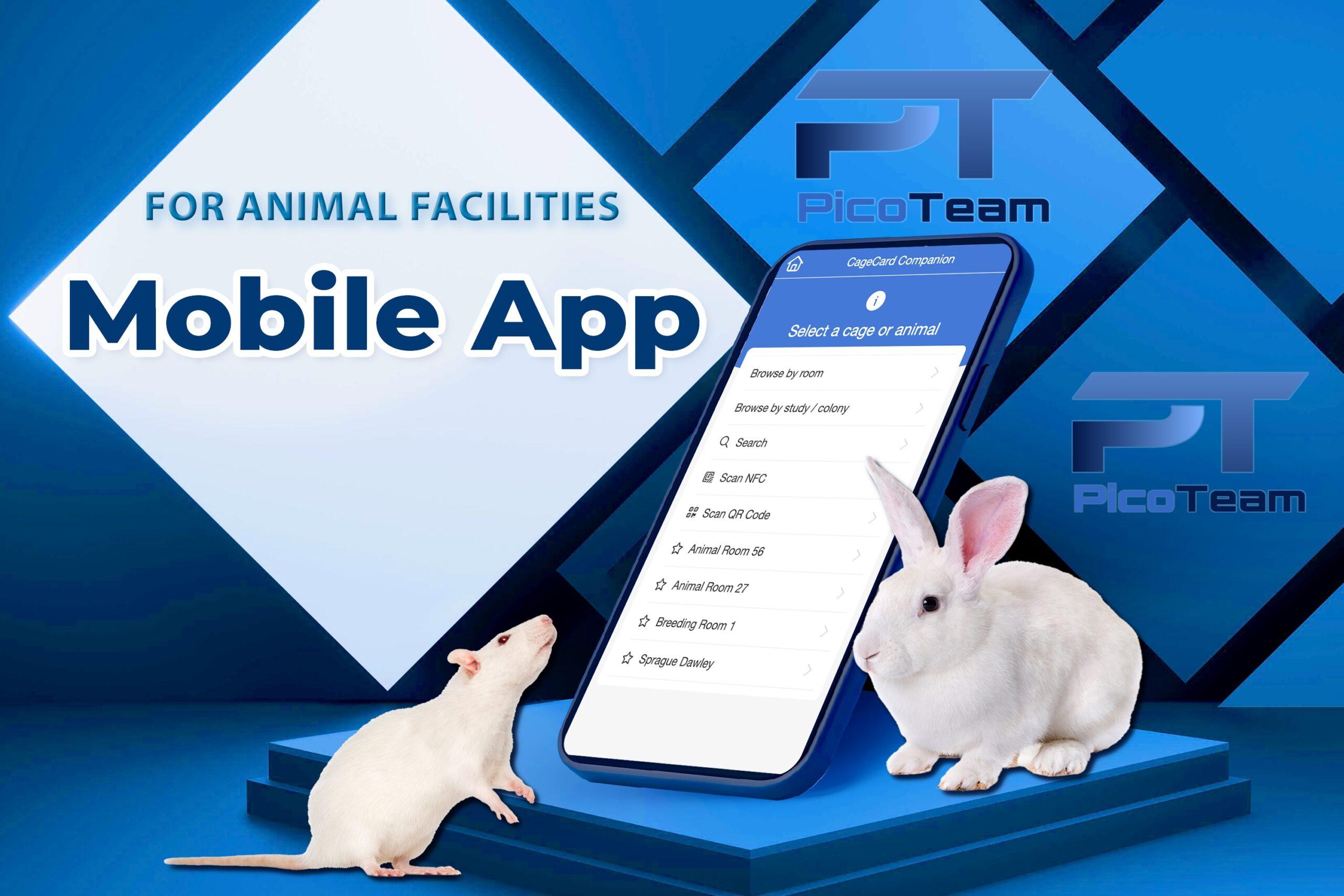 PicoTeam mobile app screen showing options to browse and scan for digital cage card animal data.