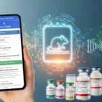 Hand holding smartphone with PicoTeam Digital Cage Cards app, showing built-in official medicines data for smarter prescribing in animal research facilities.