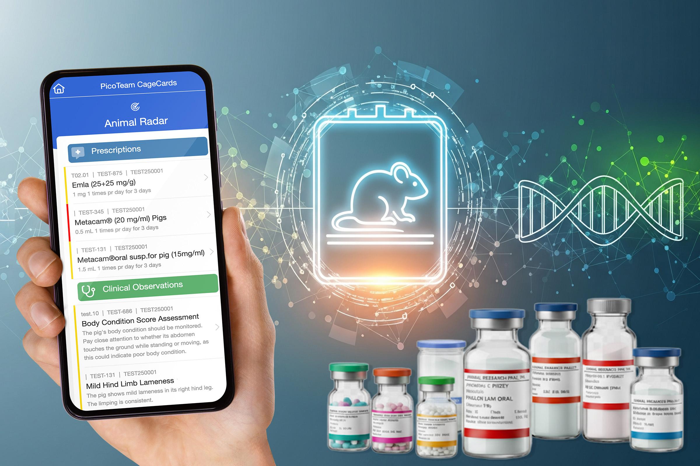 Hand holding smartphone with PicoTeam Digital Cage Cards app, showing built-in official medicines data for smarter prescribing in animal research facilities.