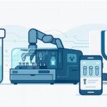 Illustration of automated liquid handling, robotic sample processing, and digital sample tracking on a mobile device.