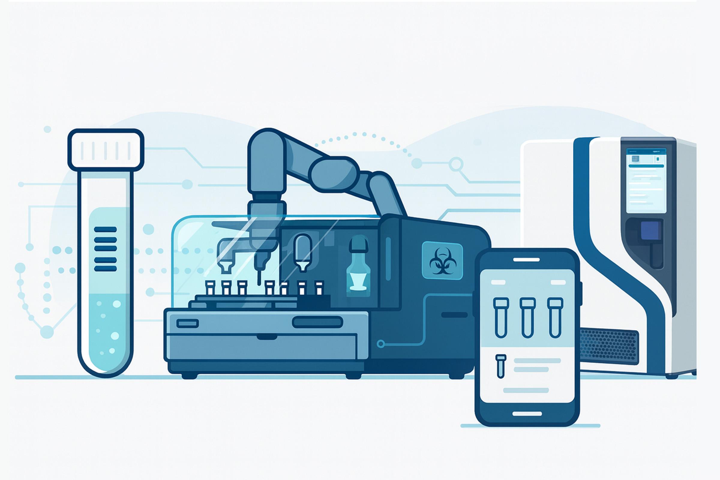 Illustration of automated liquid handling, robotic sample processing, and digital sample tracking on a mobile device.