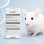 White laboratory mouse beside a smartphone displaying PicoTeam CageCards with clinical flags, prescriptions, and clinical observations for animal research monitoring.