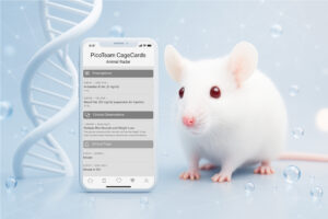 White laboratory mouse beside a smartphone displaying PicoTeam CageCards with clinical flags, prescriptions, and clinical observations for animal research monitoring.