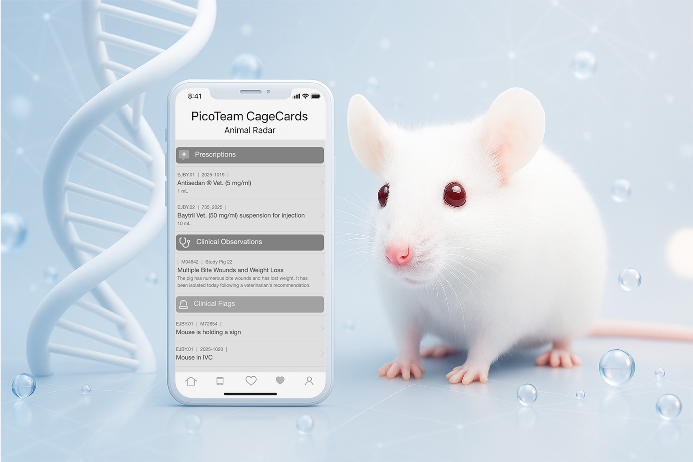 White laboratory mouse beside a smartphone displaying PicoTeam CageCards with clinical flags, prescriptions, and clinical observations for animal research monitoring.