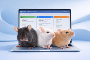 Three laboratory mice in front of a laptop showing the Picoteam InVivo software interface for digital animal facility management, breeding, and in vivo research operations.