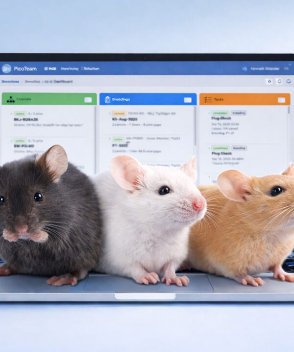 Three laboratory mice in front of a laptop showing the Picoteam InVivo software interface for digital animal facility management, breeding, and in vivo research operations.