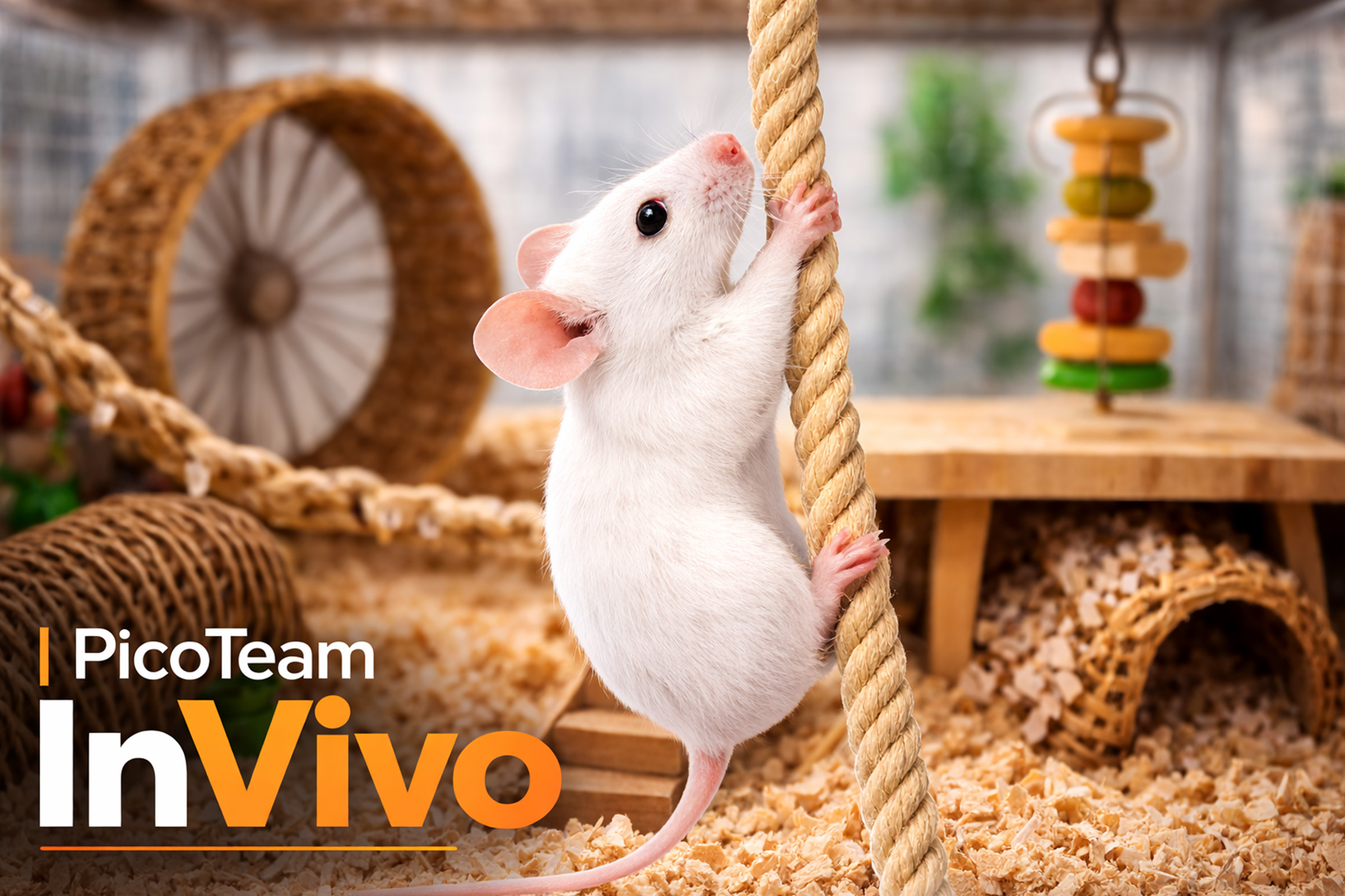 Lab mouse climbing rope in research cage demonstrating cage-side activity and real-time data capture in preclinical study execution with PicoTeam InVivo