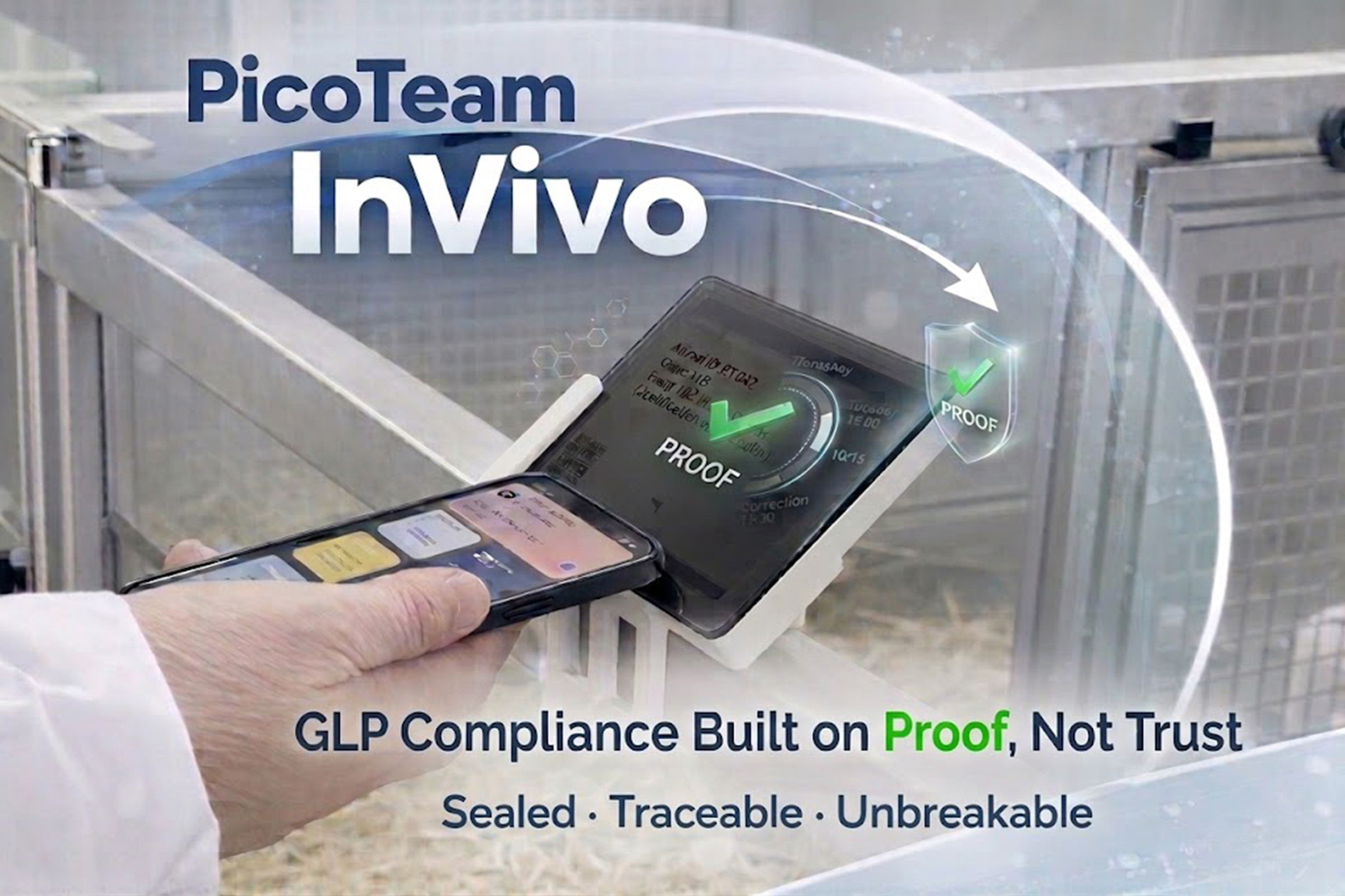 PicoTeam InVivo digital cage card showing verified proof of data integrity and cryptographic audit trail in research facility