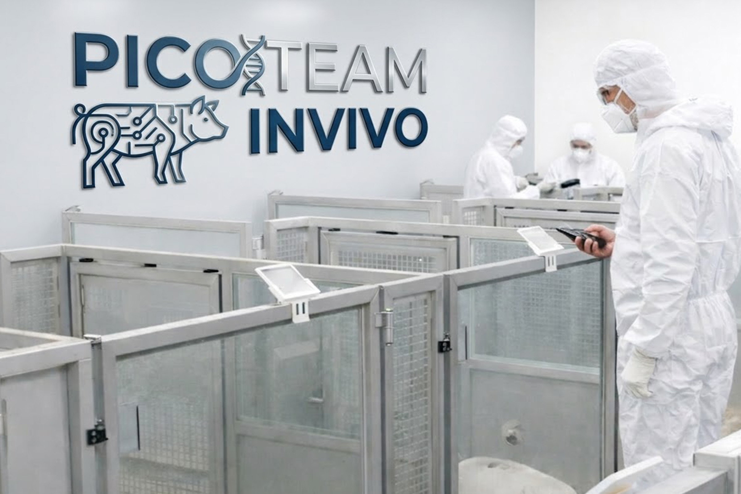 Picoteam InVivo digital solution in animal research facility with technicians using digital cage cards and mobile devices