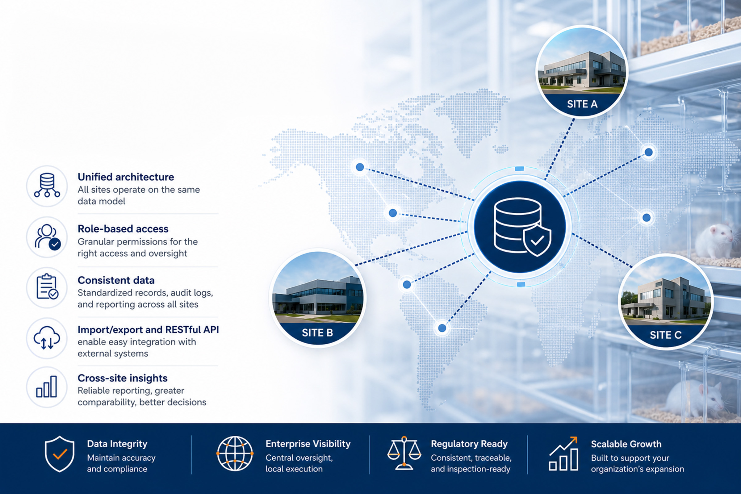 One platform for multi-site governance showing unified data architecture connecting multiple research facility sites with centralized control and reporting