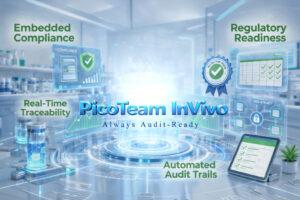 PicoTeam InVivo digital platform for severity compliance in animal research, featuring real-time traceability, embedded compliance, regulatory readiness, and automated audit trails.