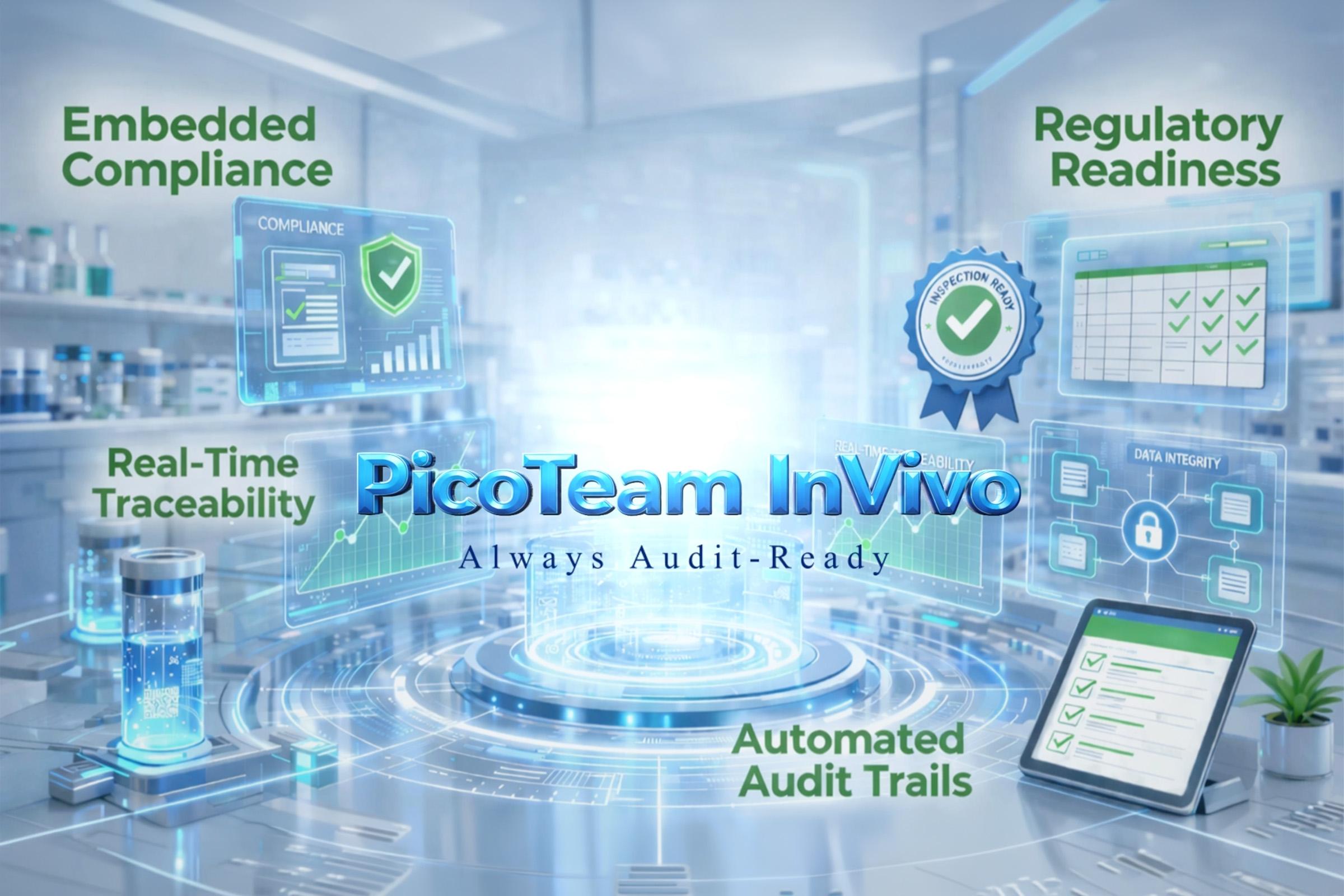 PicoTeam InVivo digital platform for severity compliance in animal research, featuring real-time traceability, embedded compliance, regulatory readiness, and automated audit trails.