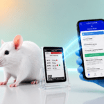 Researcher scanning a PicoTeam Digital Cage Card with a mobile app beside a laboratory mouse in a modern animal research facility.