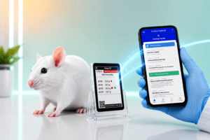 Researcher scanning a PicoTeam Digital Cage Card with a mobile app beside a laboratory mouse in a modern animal research facility.
