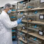 Researcher using a mobile device for digital cage-side data collection in an in vivo research facility.